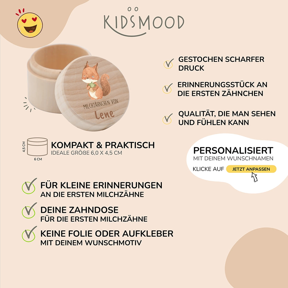 Zahndose Milchzähne personalisiert - Holz Zahnbox mit Wunschnamen - Eichhörnchen Motiv