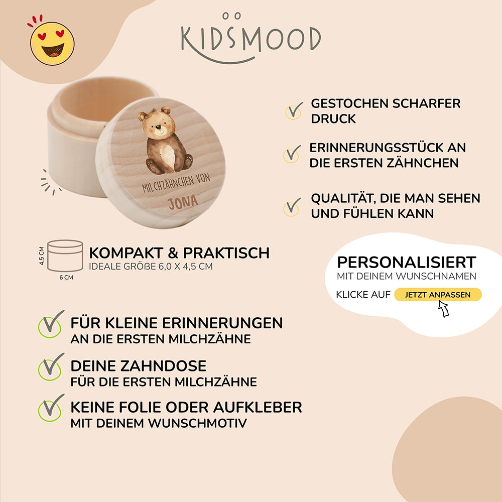 Zahndose Milchzähne personalisiert - Holz Zahnbox mit Wunschnamen - Bär Motiv