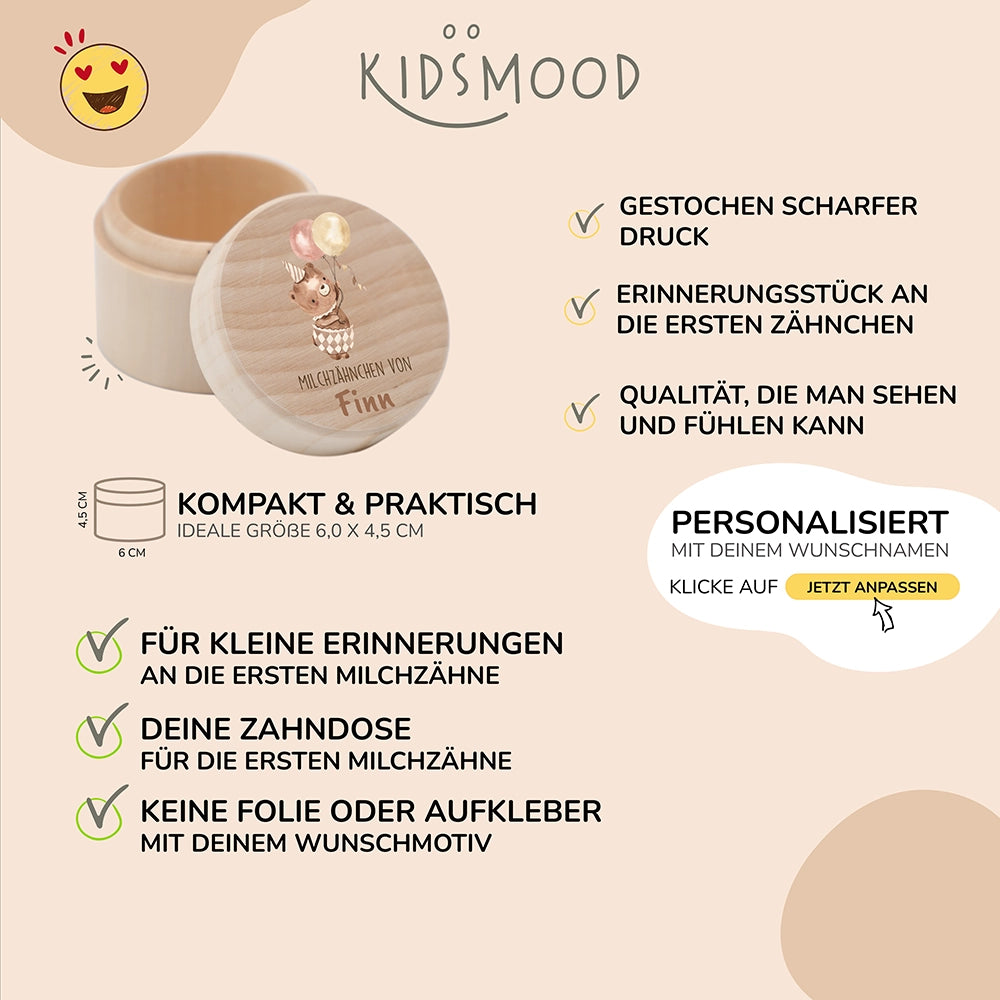 Zahndose Milchzähne personalisiert - Holz Zahnbox mit Wunschnamen - Bär mit Ballon