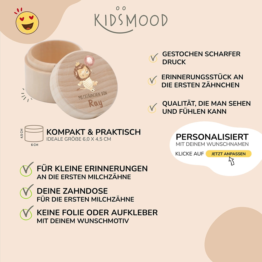 Zahndose Milchzähne personalisiert - Holz Zahnbox mit Wunschnamen - Tiger mit Ballon