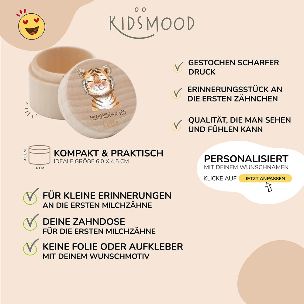 Zahndose Milchzähne personalisiert - Holz Zahnbox mit Wunschnamen - Baby Tiger