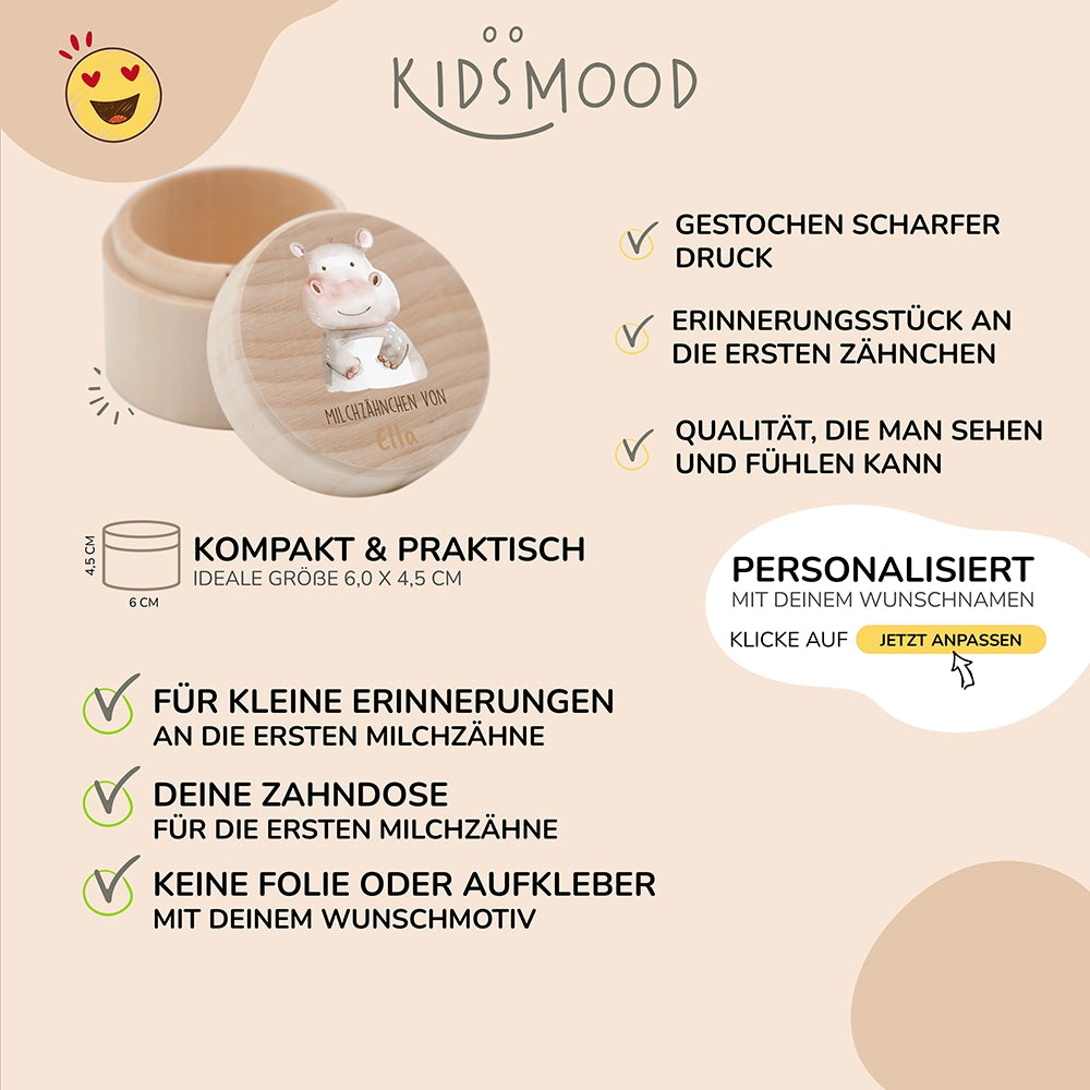 Zahndose Milchzähne personalisiert - Holz Zahnbox mit Wunschnamen - Nilfperd
