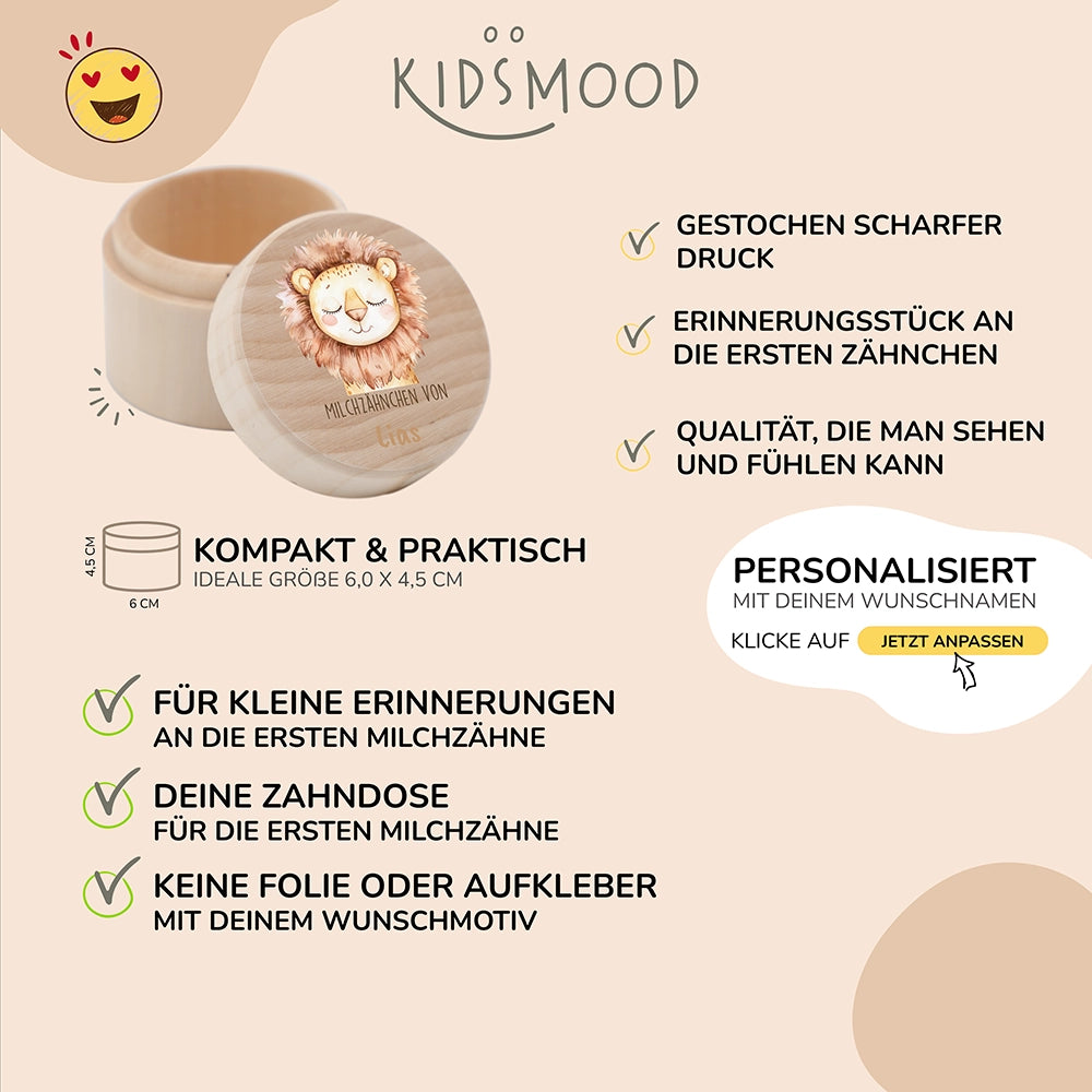 Zahndose Milchzähne personalisiert - Holz Zahnbox mit Wunschnamen - Löwe