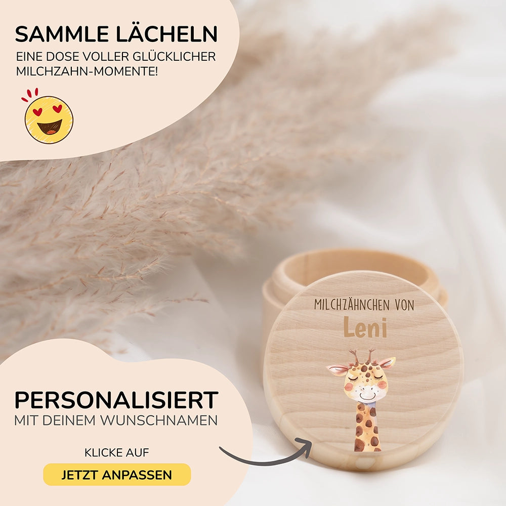Zahndose Milchzähne personalisiert - Holz Zahnbox mit Wunschnamen - Giraffe Motiv