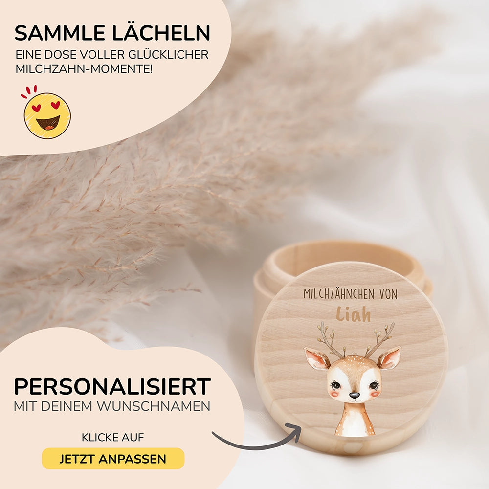 Zahndose Milchzähne personalisiert - Holz Zahnbox mit Wunschnamen - Baby Reh Motiv