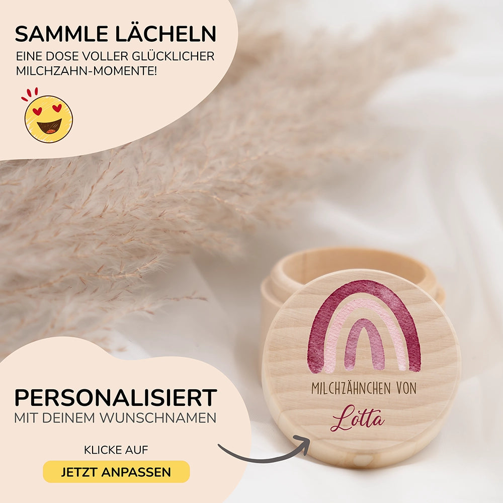 Zahndose Milchzähne personalisiert - Holz Zahnbox mit Wunschnamen - Regenbogen Motiv