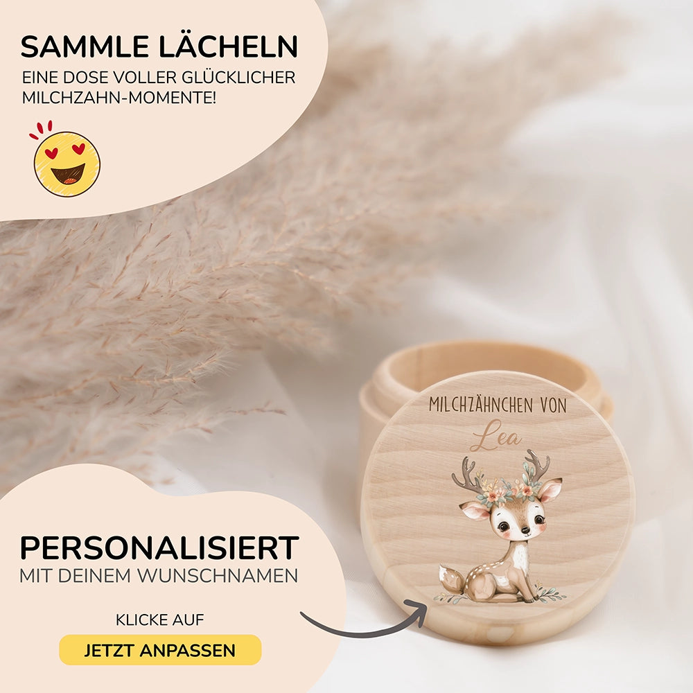 Zahndose Milchzähne personalisiert - süßem Reh Motiv