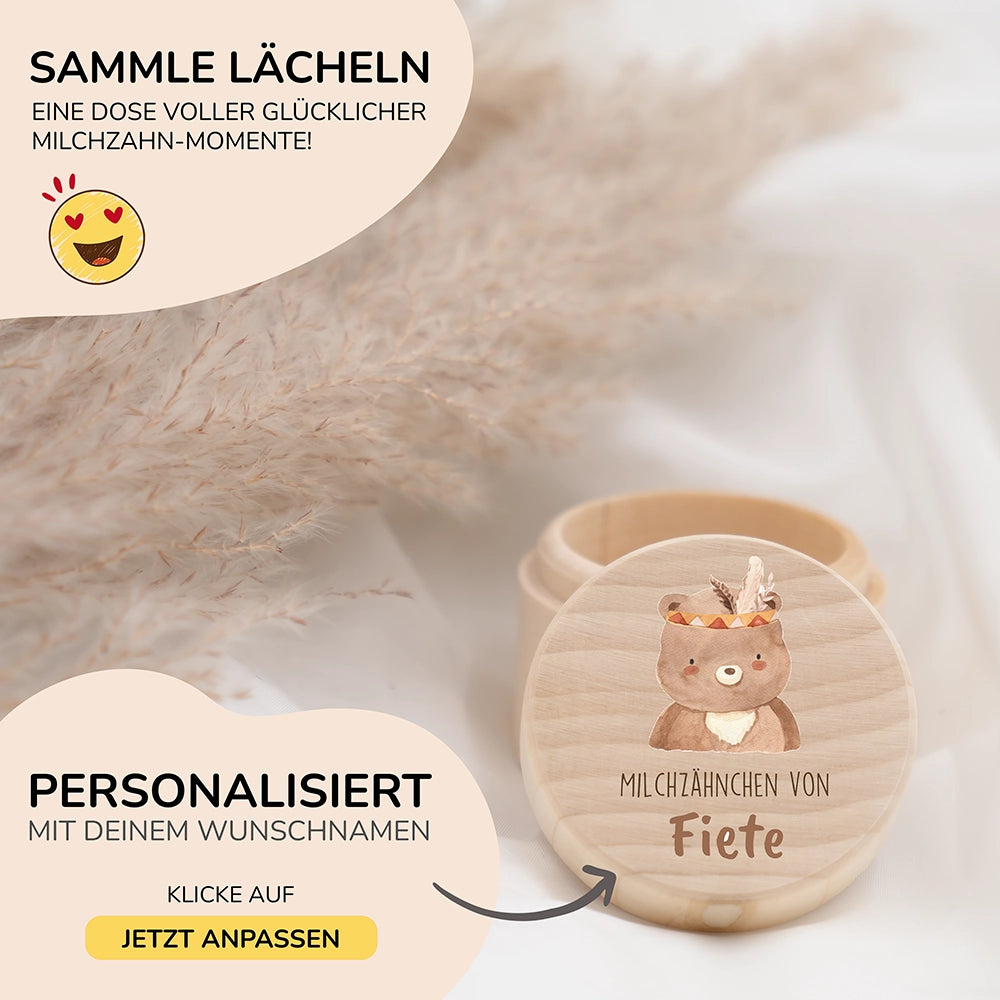 Zahndose Milchzähne personalisiert - Holz Zahnbox mit Wunschnamen - Bohor Bär Motiv