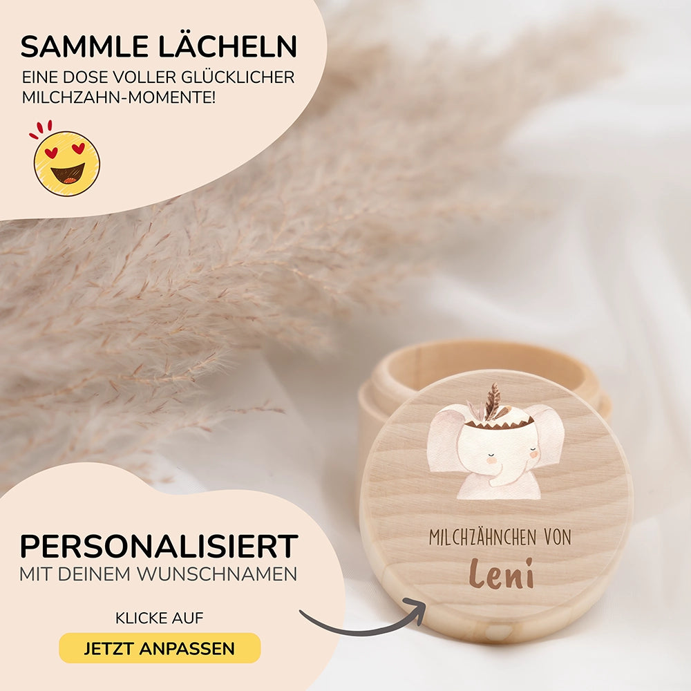 Zahndose Milchzähne personalisiert - Holz Zahnbox mit Wunschnamen - Elefant mit Kranz Motiv