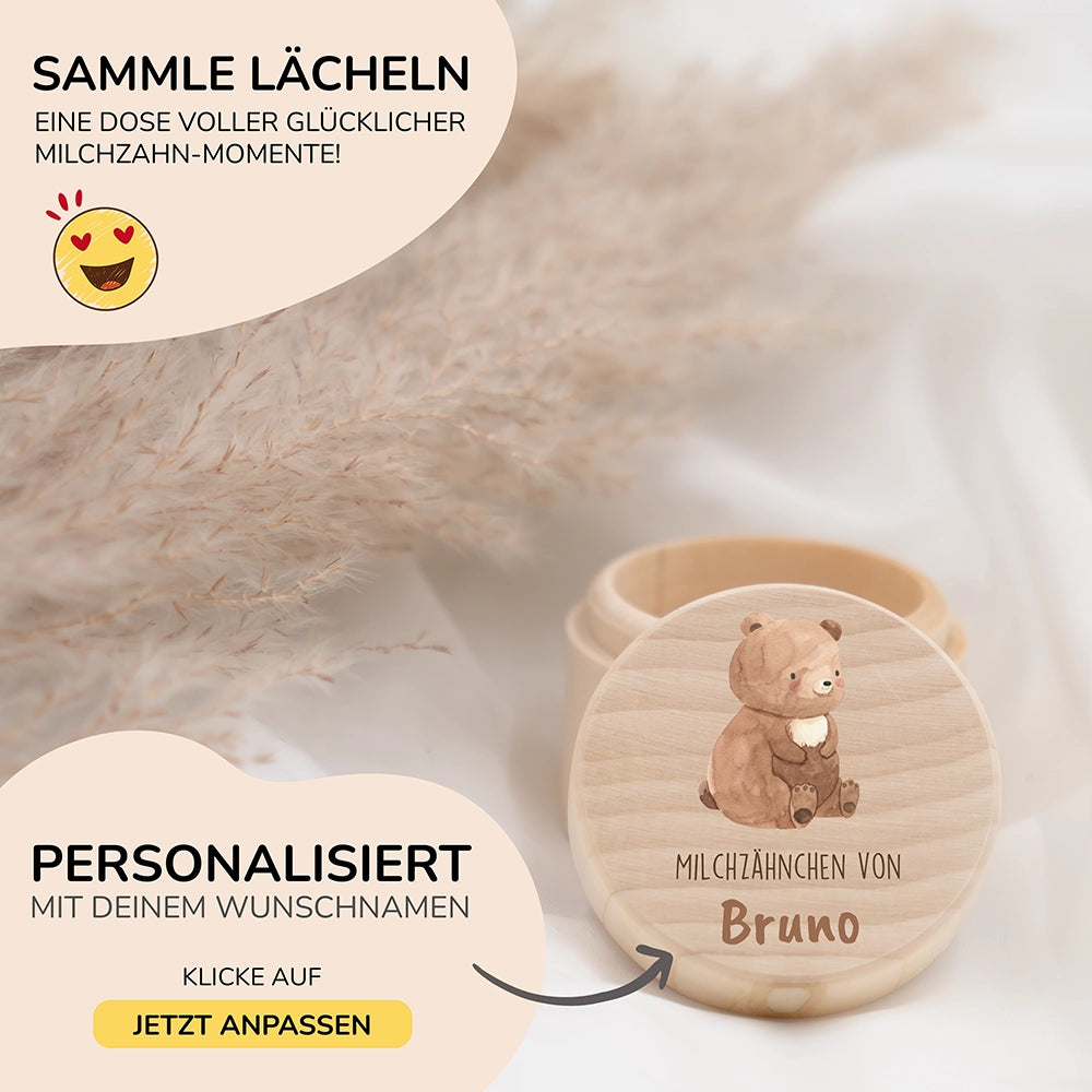 Zahndose Milchzähne personalisiert - Holz Zahnbox mit Wunschnamen - Bär mit Kranz