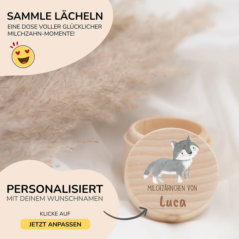 Zahndose Milchzähne personalisiert - Holz Zahnbox mit Wunschnamen - Dachs Motiv