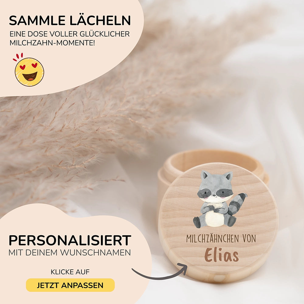 Zahndose Milchzähne personalisiert - Holz Zahnbox mit Wunschnamen - Waschbär Motiv