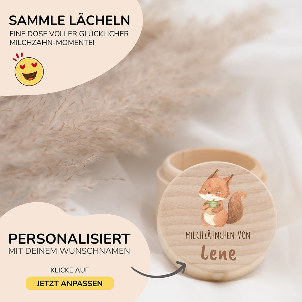 Zahndose Milchzähne personalisiert - Holz Zahnbox mit Wunschnamen - Eichhörnchen Motiv