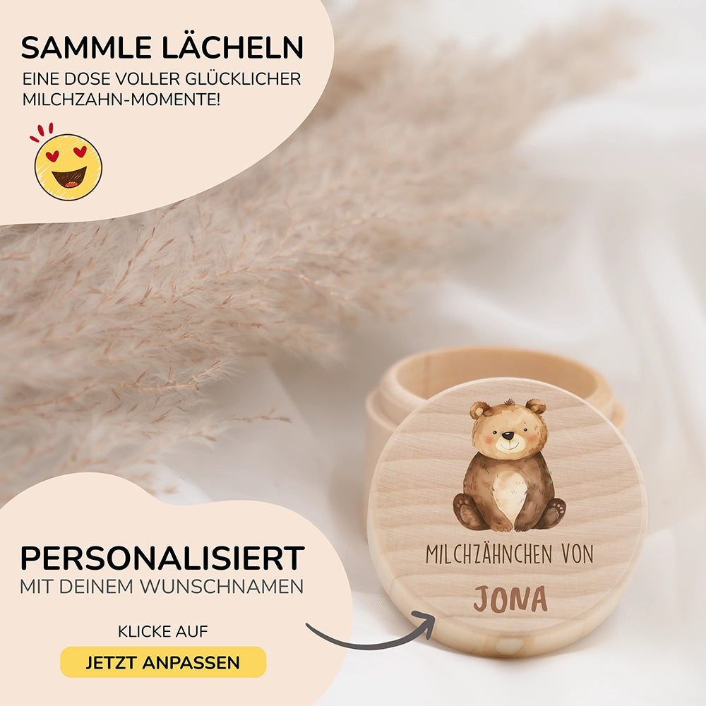 Zahndose Milchzähne personalisiert - Holz Zahnbox mit Wunschnamen - Bär Motiv
