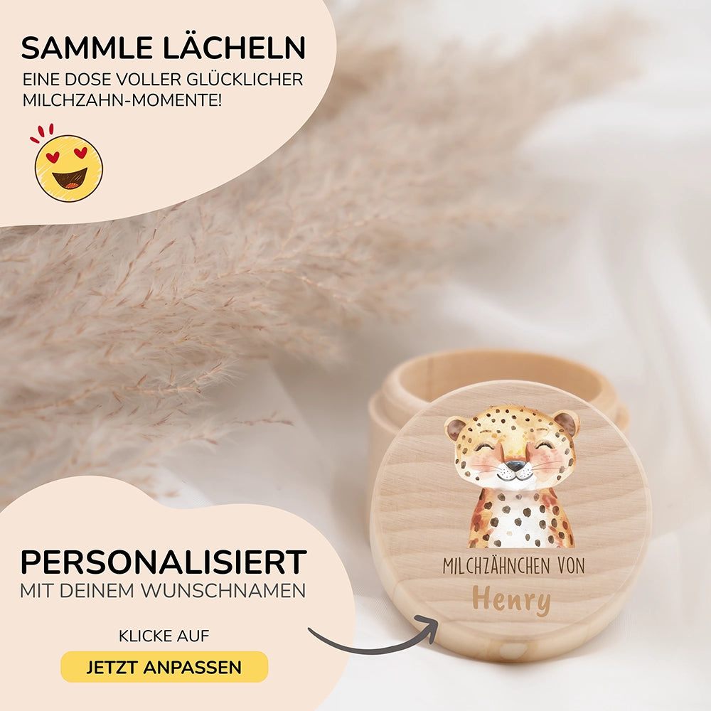 Zahndose Milchzähne personalisiert - Holz Zahnbox mit Wunschnamen - Tiger