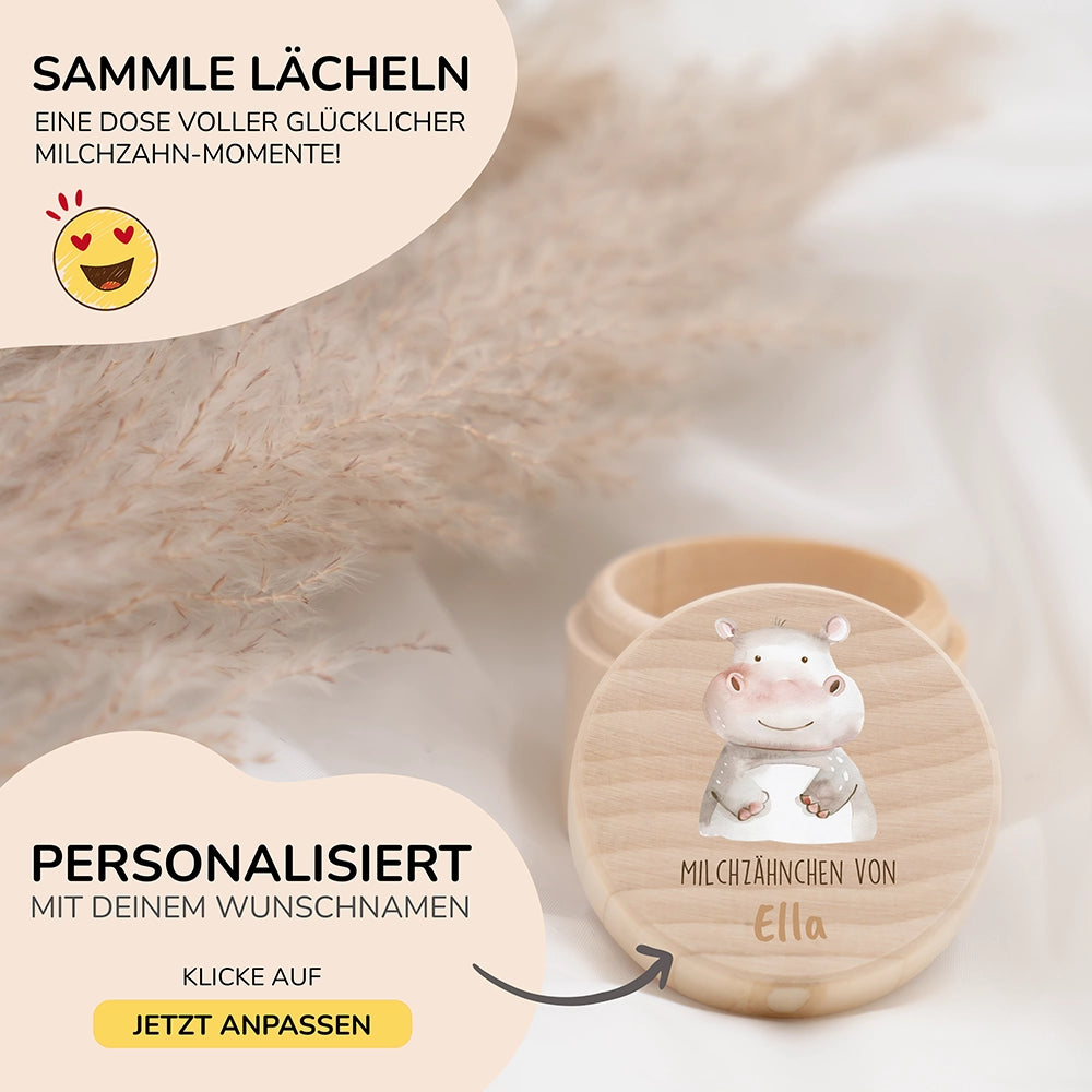 Zahndose Milchzähne personalisiert - Holz Zahnbox mit Wunschnamen - Nilfperd