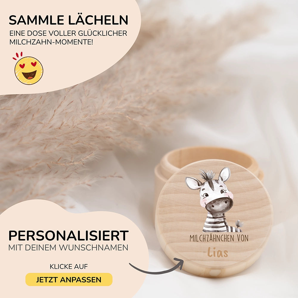 Zahndose Milchzähne personalisiert - Holz Zahnbox mit Wunschnamen - Zebra