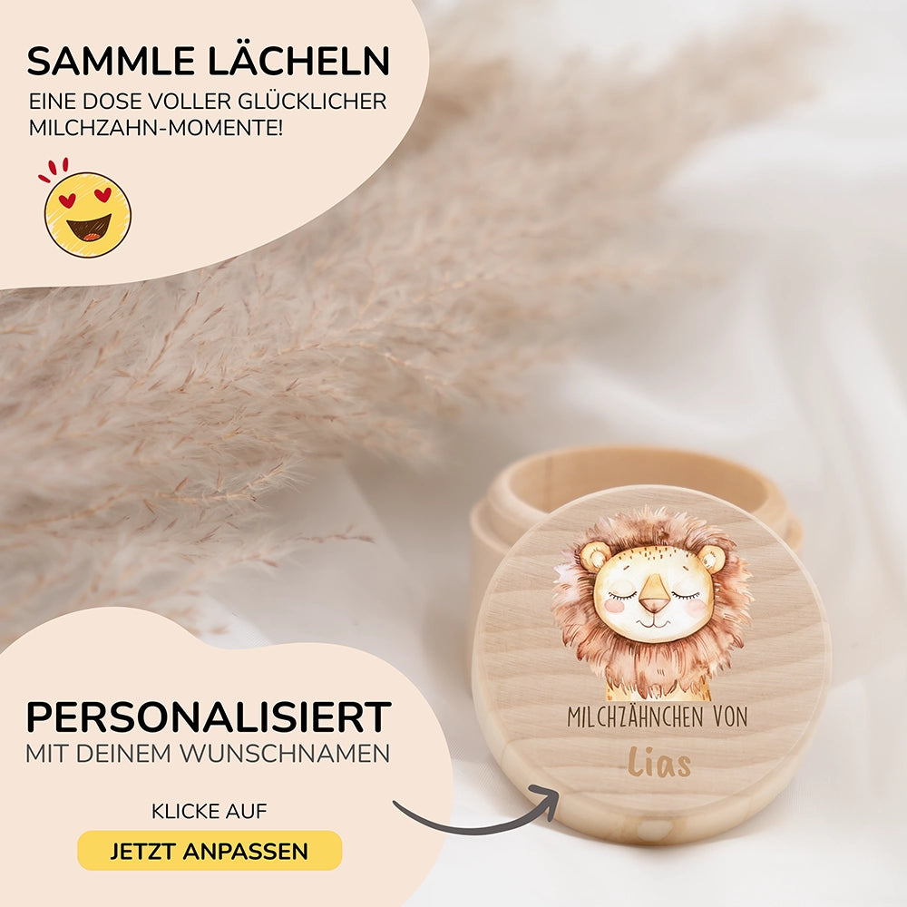Zahndose Milchzähne personalisiert - Holz Zahnbox mit Wunschnamen - Löwe