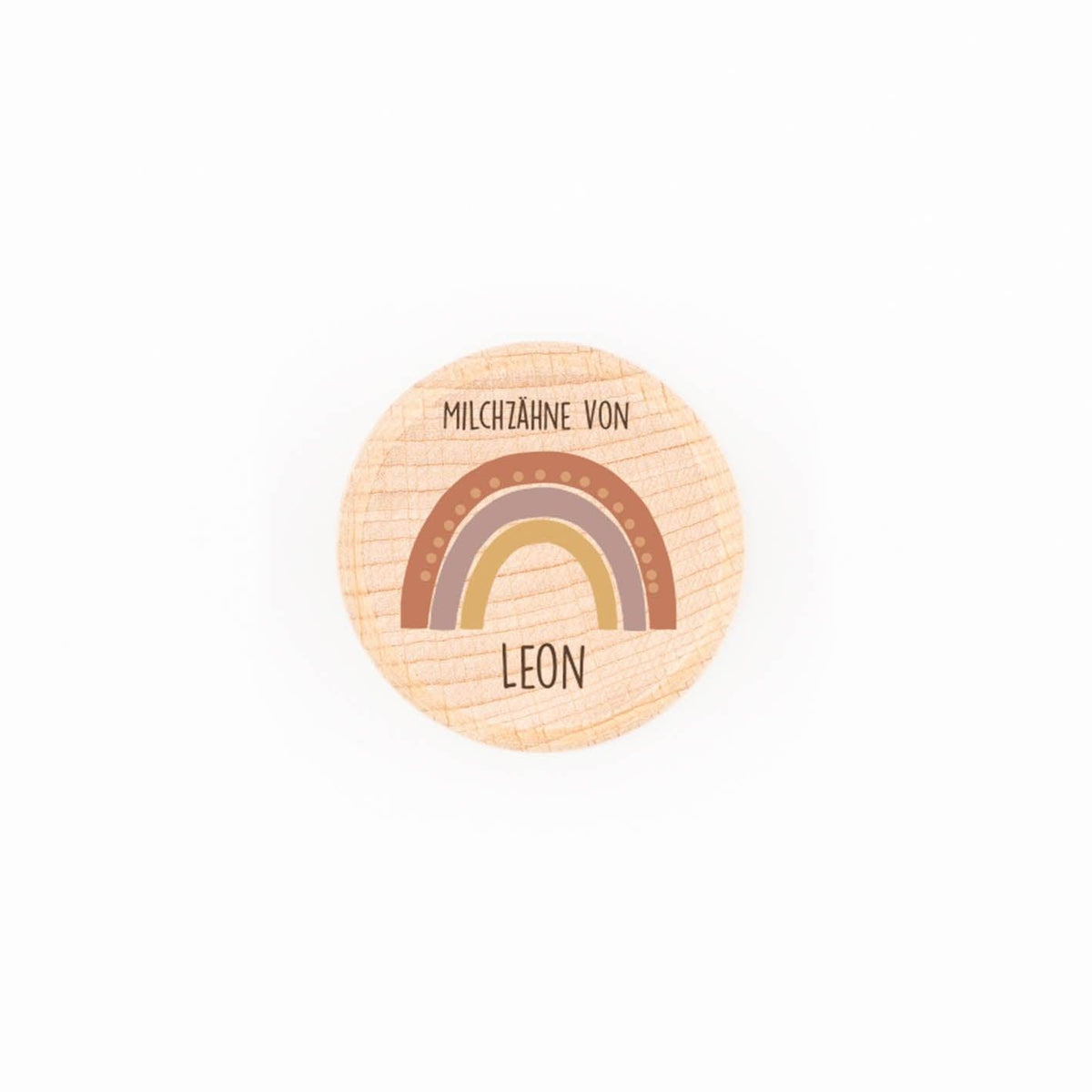 Personalisierte Holz Zahndose für Milchzähne mit Regenbogen-Design und Name Leon