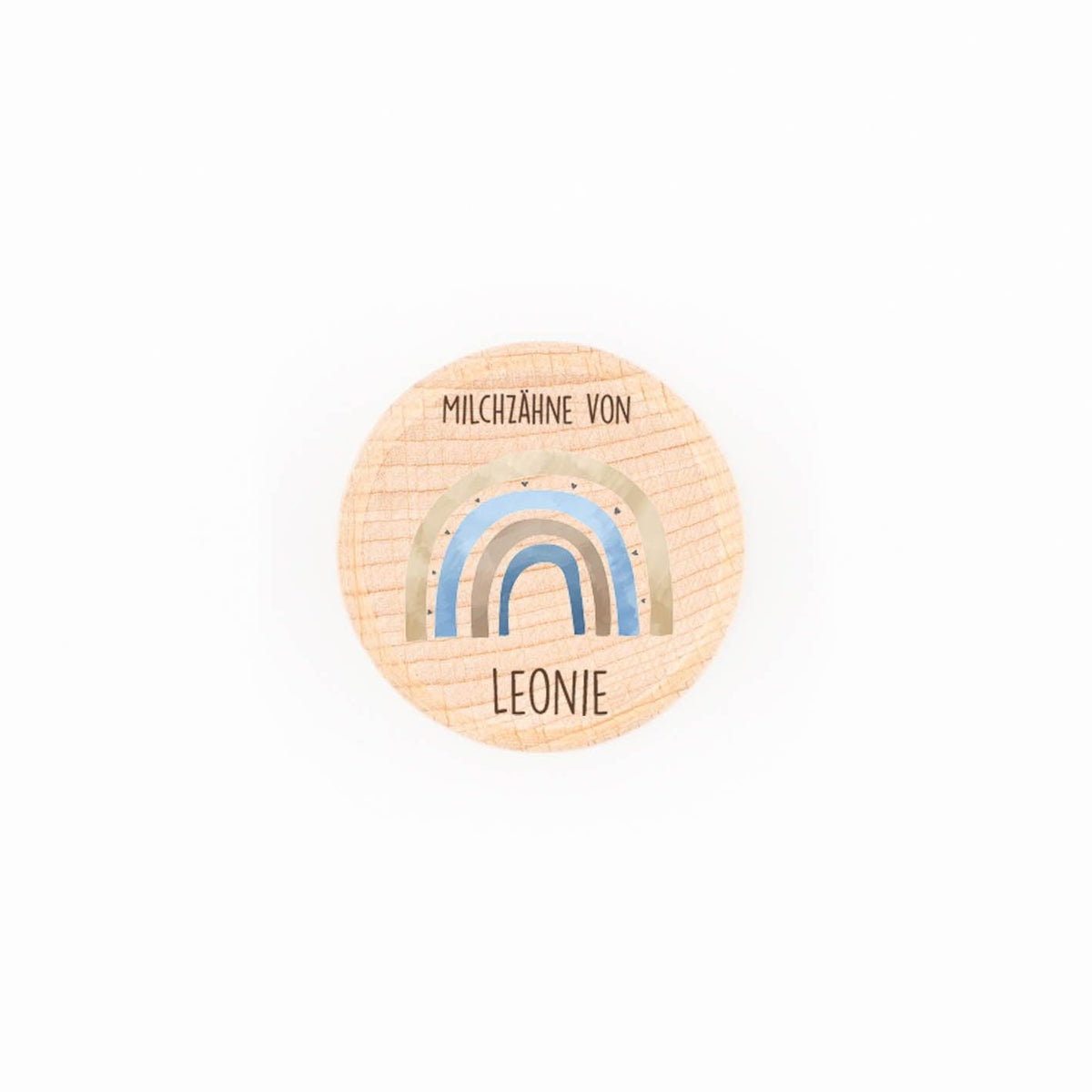 Personalisierte Holz Zahndose mit Regenbogen und Name Leonie für Milchzähne.