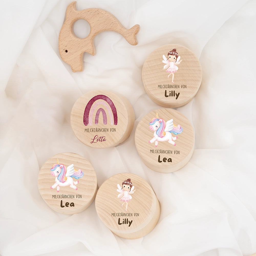 Zahndose Milchzähne personalisiert - Holz Zahnbox mit Wunschnamen - Regenbogen Motiv