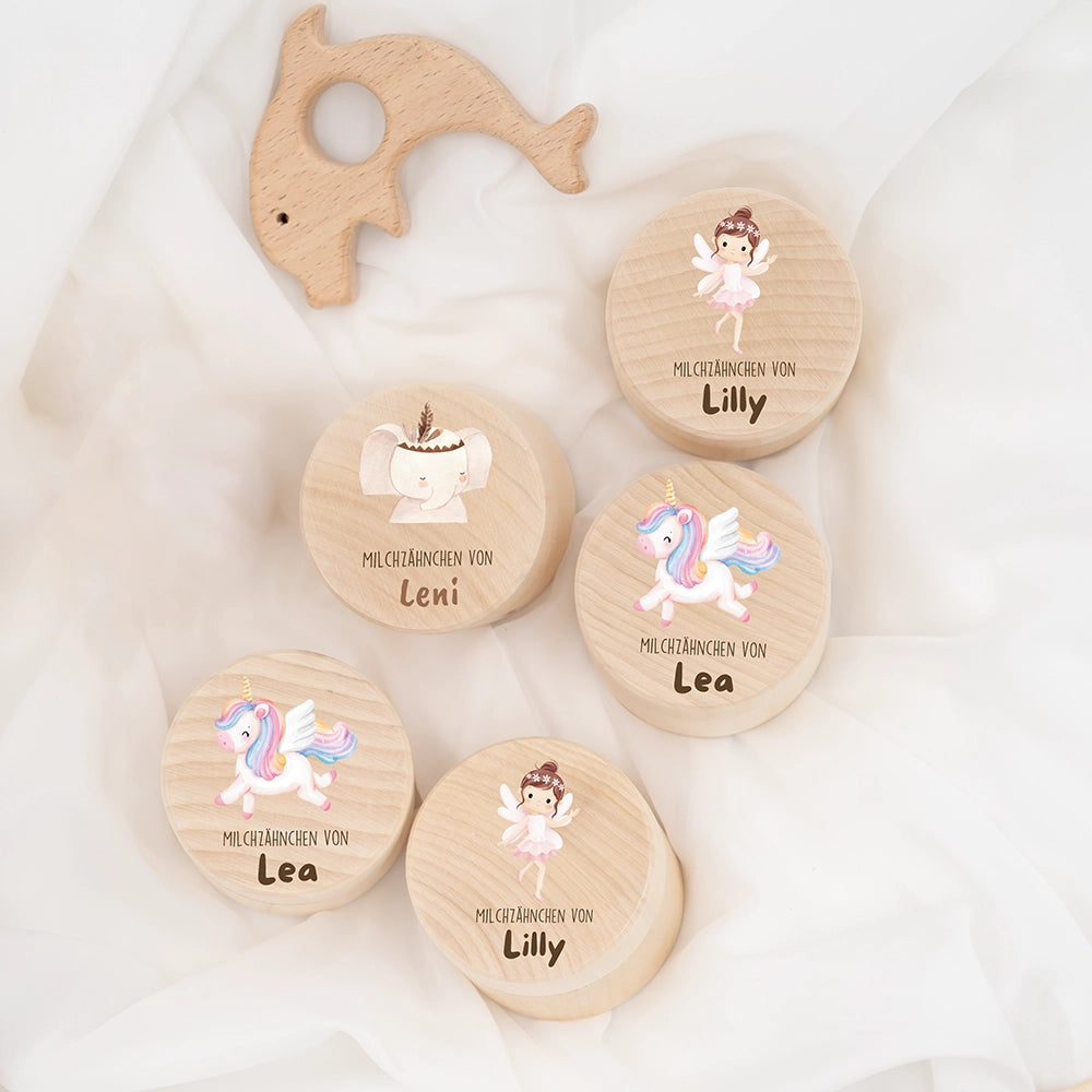 Zahndose Milchzähne personalisiert - Holz Zahnbox mit Wunschnamen - Elefant mit Kranz Motiv