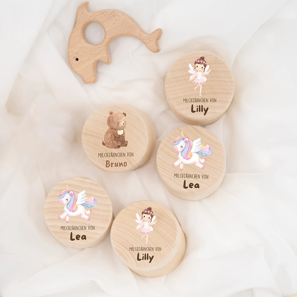 Zahndose Milchzähne personalisiert - Holz Zahnbox mit Wunschnamen - Bär mit Kranz