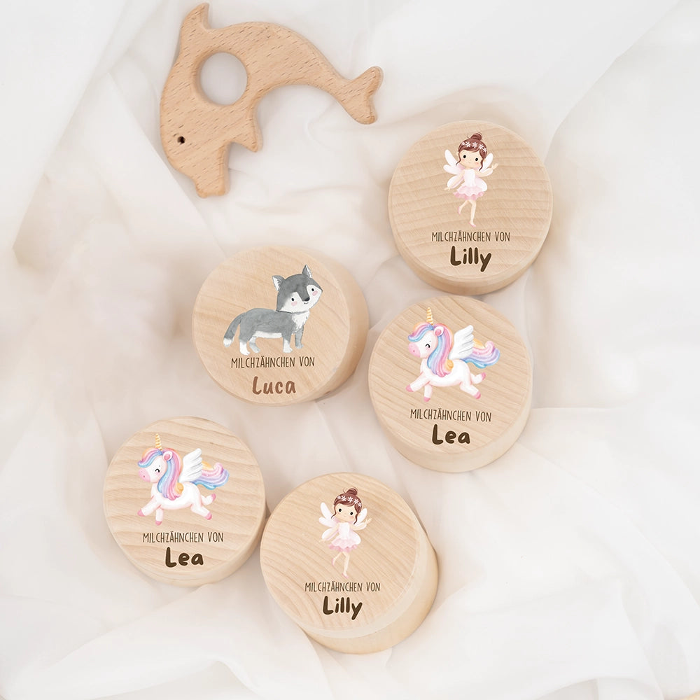 Zahndose Milchzähne personalisiert - Holz Zahnbox mit Wunschnamen - Dachs Motiv
