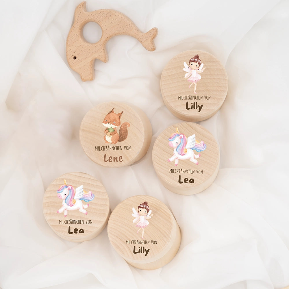 Zahndose Milchzähne personalisiert - Holz Zahnbox mit Wunschnamen - Eichhörnchen Motiv