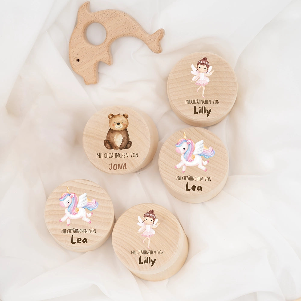 Zahndose Milchzähne personalisiert - Holz Zahnbox mit Wunschnamen - Bär Motiv