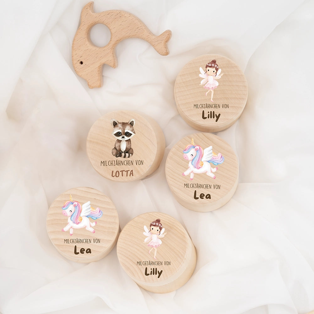 Zahndose Milchzähne personalisiert - Holz Zahnbox mit Wunschnamen - Waschbär