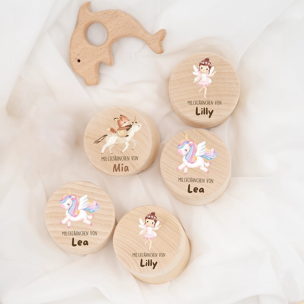 Zahndose Milchzähne personalisiert - Holz Zahnbox mit Wunschnamen - Fuchs auf Einhorn