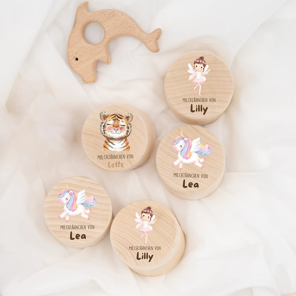 Zahndose Milchzähne personalisiert - Holz Zahnbox mit Wunschnamen - Baby Tiger