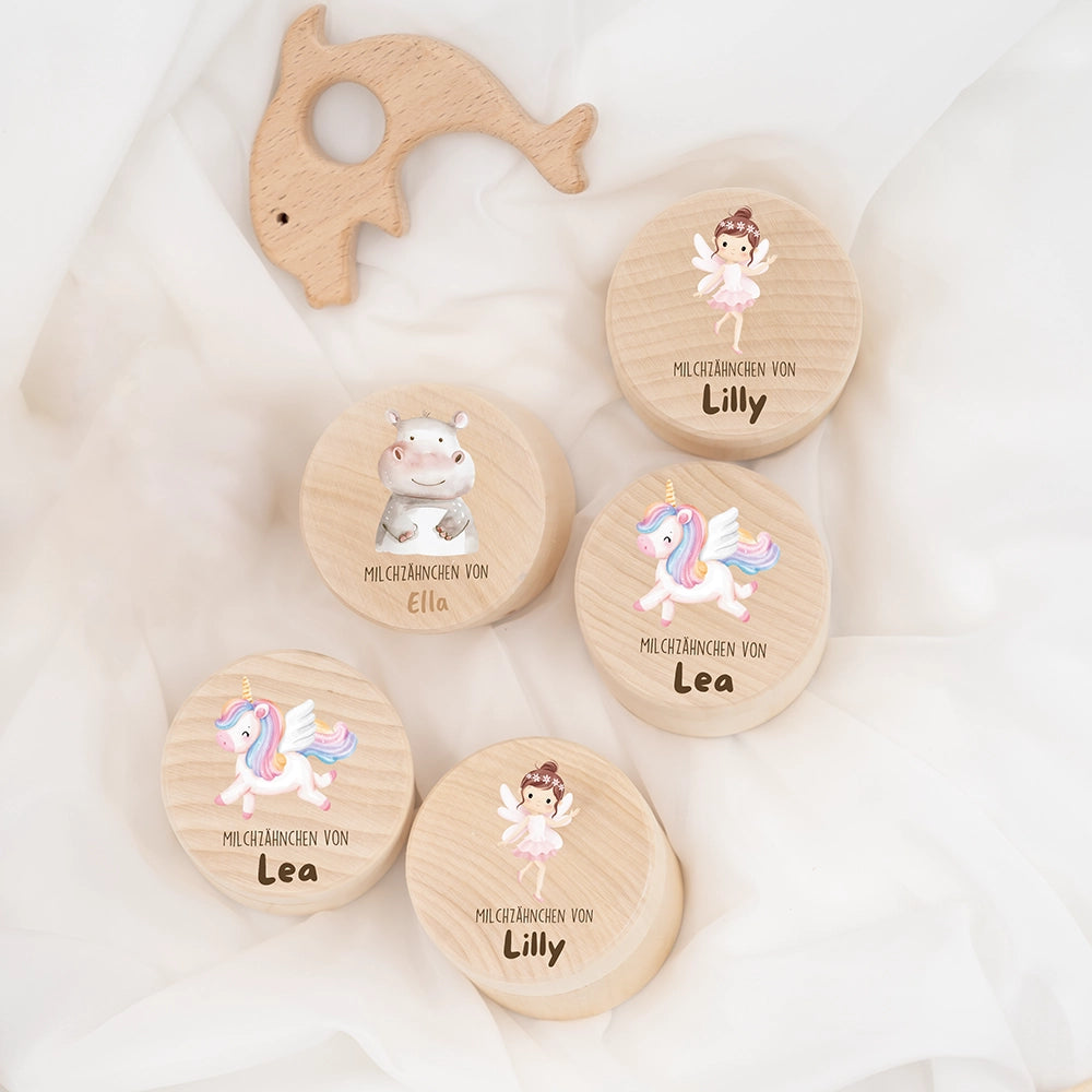 Zahndose Milchzähne personalisiert - Holz Zahnbox mit Wunschnamen - Nilfperd