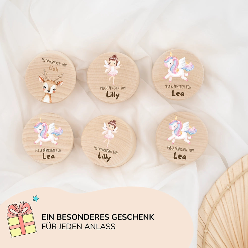 Zahndose Milchzähne personalisiert - Holz Zahnbox mit Wunschnamen - Baby Reh Motiv