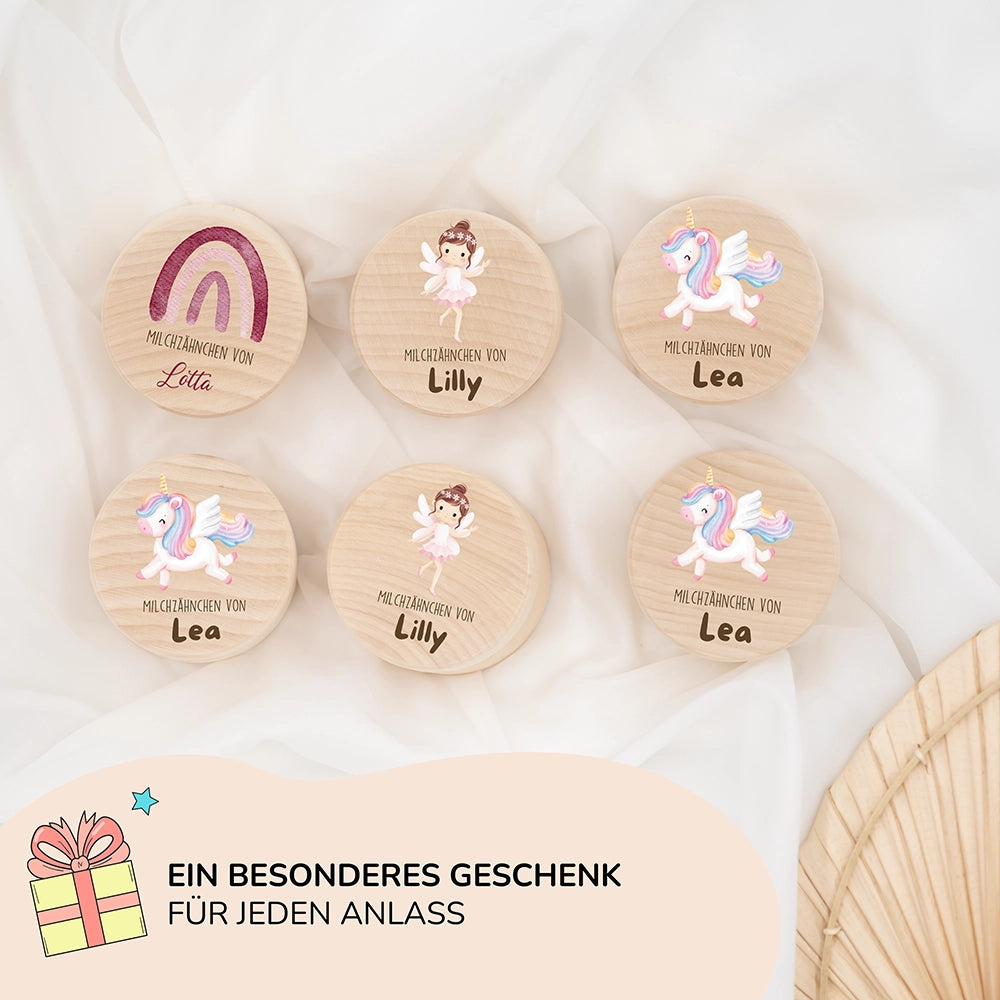Zahndose Milchzähne personalisiert - Holz Zahnbox mit Wunschnamen - Regenbogen Motiv