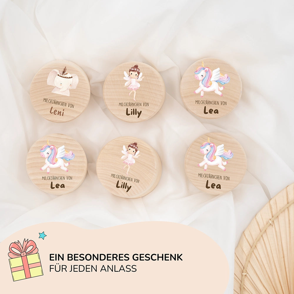 Zahndose Milchzähne personalisiert - Holz Zahnbox mit Wunschnamen - Elefant mit Kranz Motiv
