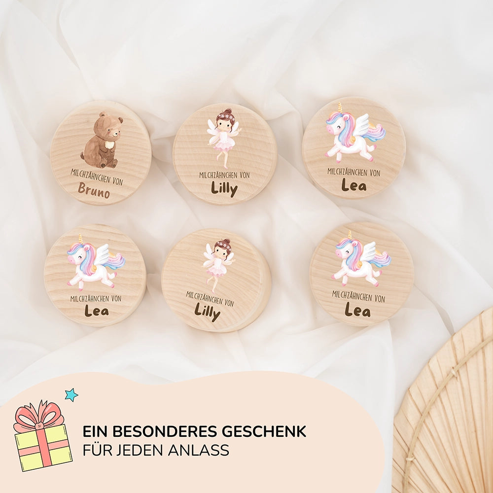 Zahndose Milchzähne personalisiert - Holz Zahnbox mit Wunschnamen - Bär mit Kranz