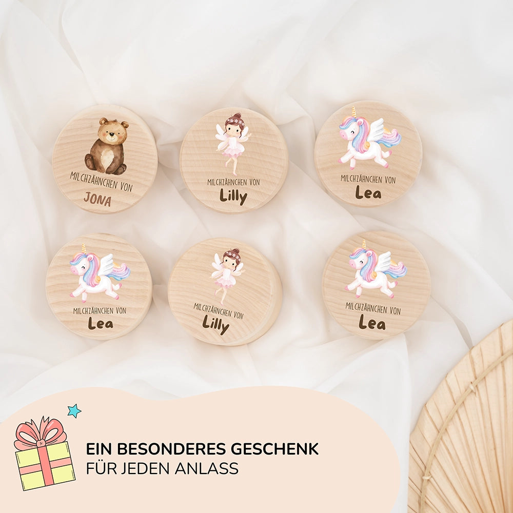 Zahndose Milchzähne personalisiert - Holz Zahnbox mit Wunschnamen - Bär Motiv