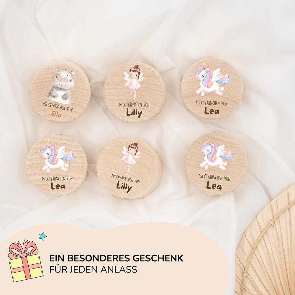 Zahndose Milchzähne personalisiert - Holz Zahnbox mit Wunschnamen - Nilfperd