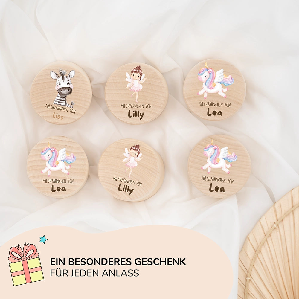Zahndose Milchzähne personalisiert - Holz Zahnbox mit Wunschnamen - Zebra