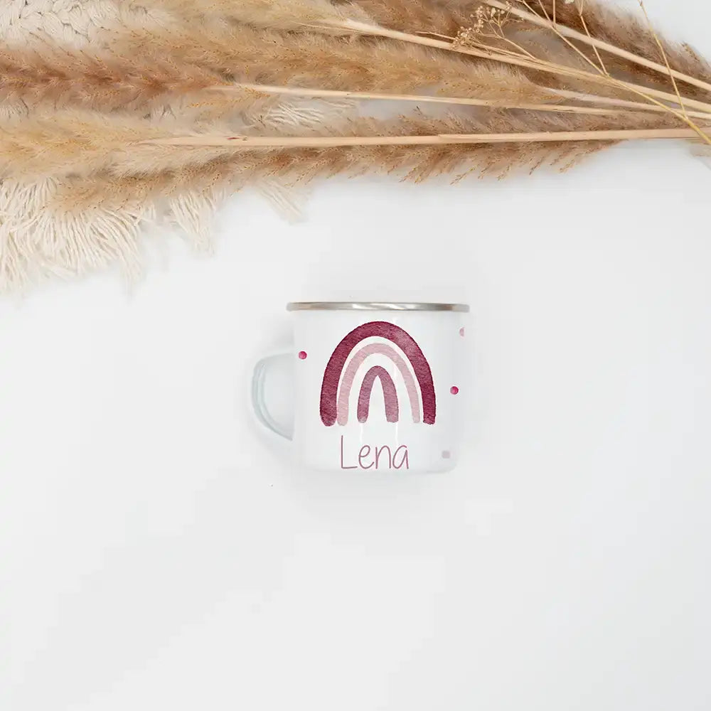 Emaille Tasse personalisiert - Regenbogen mit Punkten