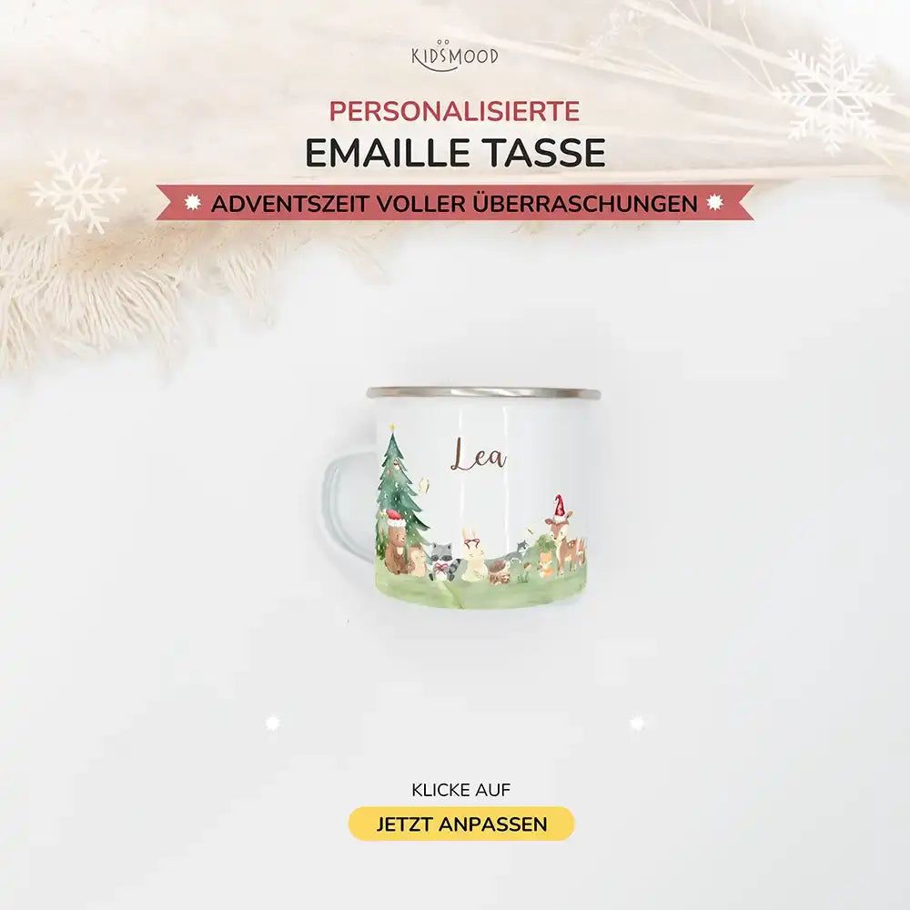 Emaille Tasse personalisiert Weihnachten - Niedliche Waldtiere