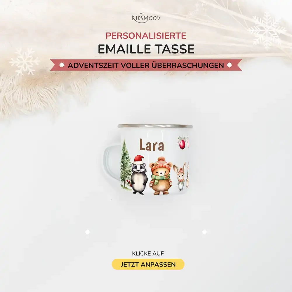 Emaille Tasse personalisiert Weihnachten - Süße Tiere