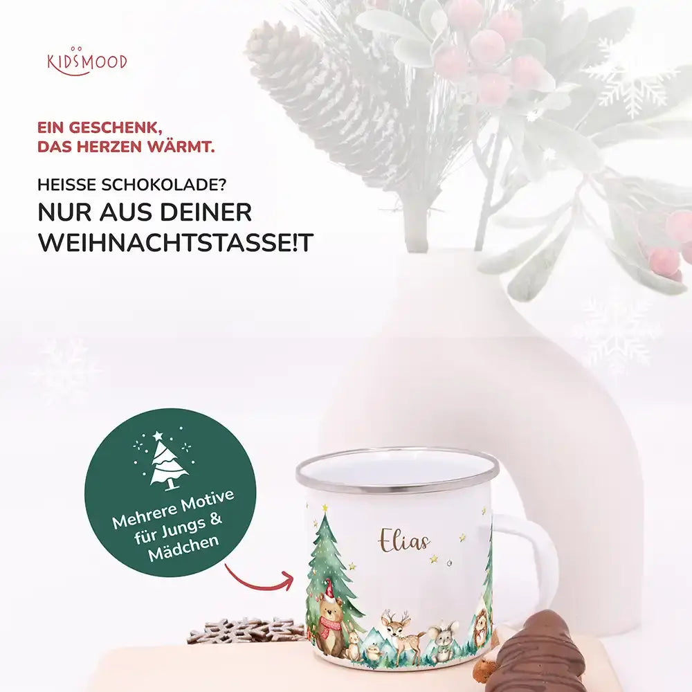 Emaille Tasse personalisiert Weihnachten - Frohe Waldtiere