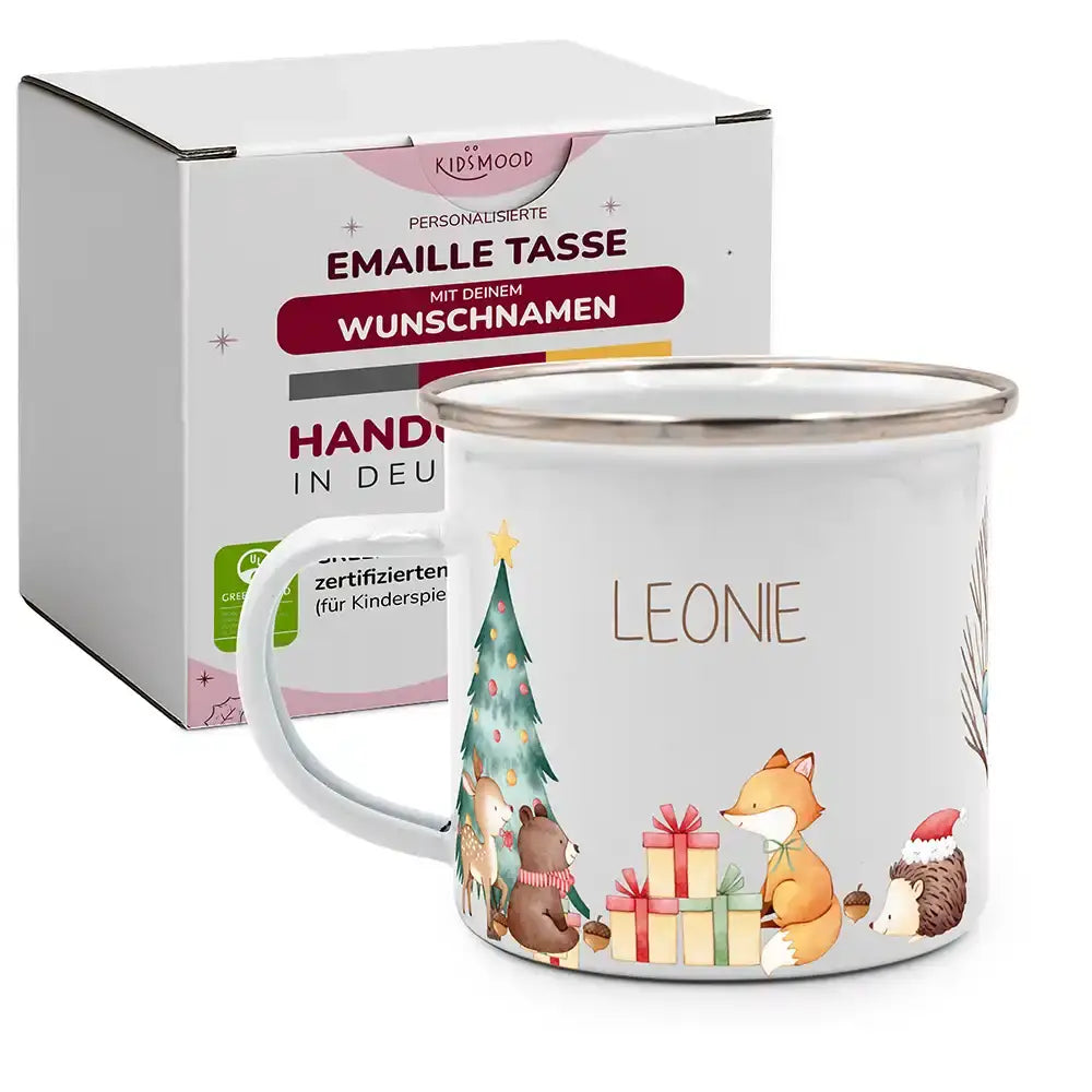 Emaille Tasse personalisiert Weihnachten - niedlicher Fuchs