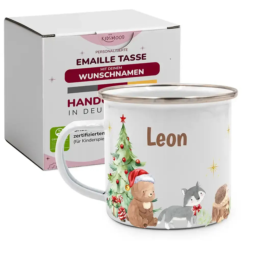 Emaille Tasse personalisiert Weihnachten - Bär und Waschbär
