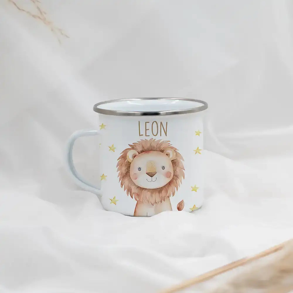 Emaille Tasse personalisiert - Löwe mit Sternen