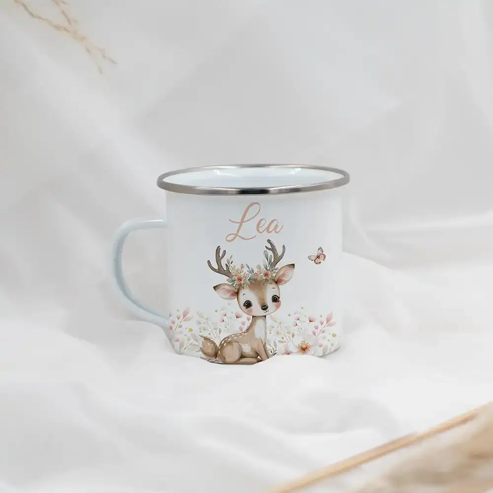 Emaille Tasse personalisiert - Reh und Schmetterling