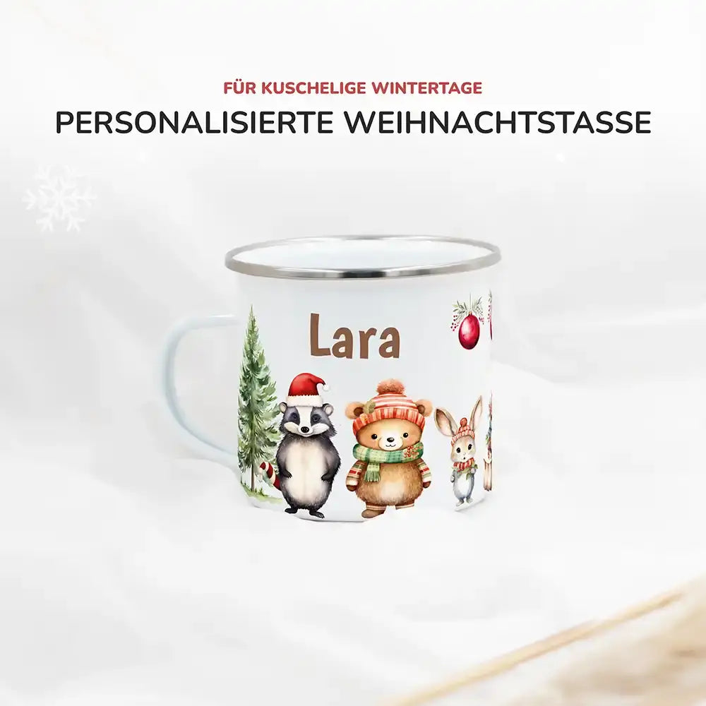 Emaille Tasse personalisiert Weihnachten - Süße Tiere